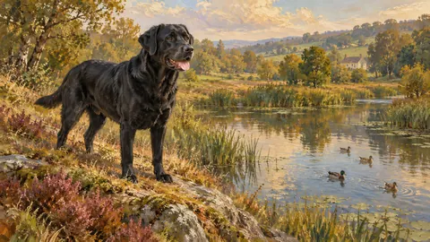 Labrador retriever, black, by a duck pond – atmospheric oil painting Frame TV art
