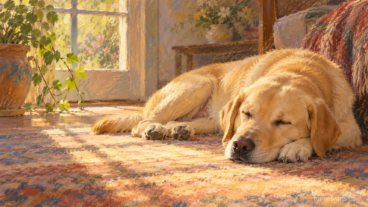 Yellow Labrador asleep in a sunbeam – chalk pastel study Samsung Frame TV art, 4K
