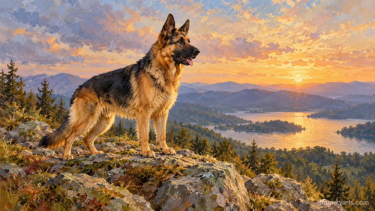 German shepherd on a rocky hilltop – impressionist oil painting Samsung Frame TV art, 4K