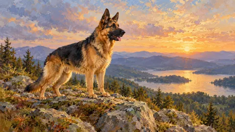 German shepherd on a rocky hilltop – impressionist oil painting Frame TV art
