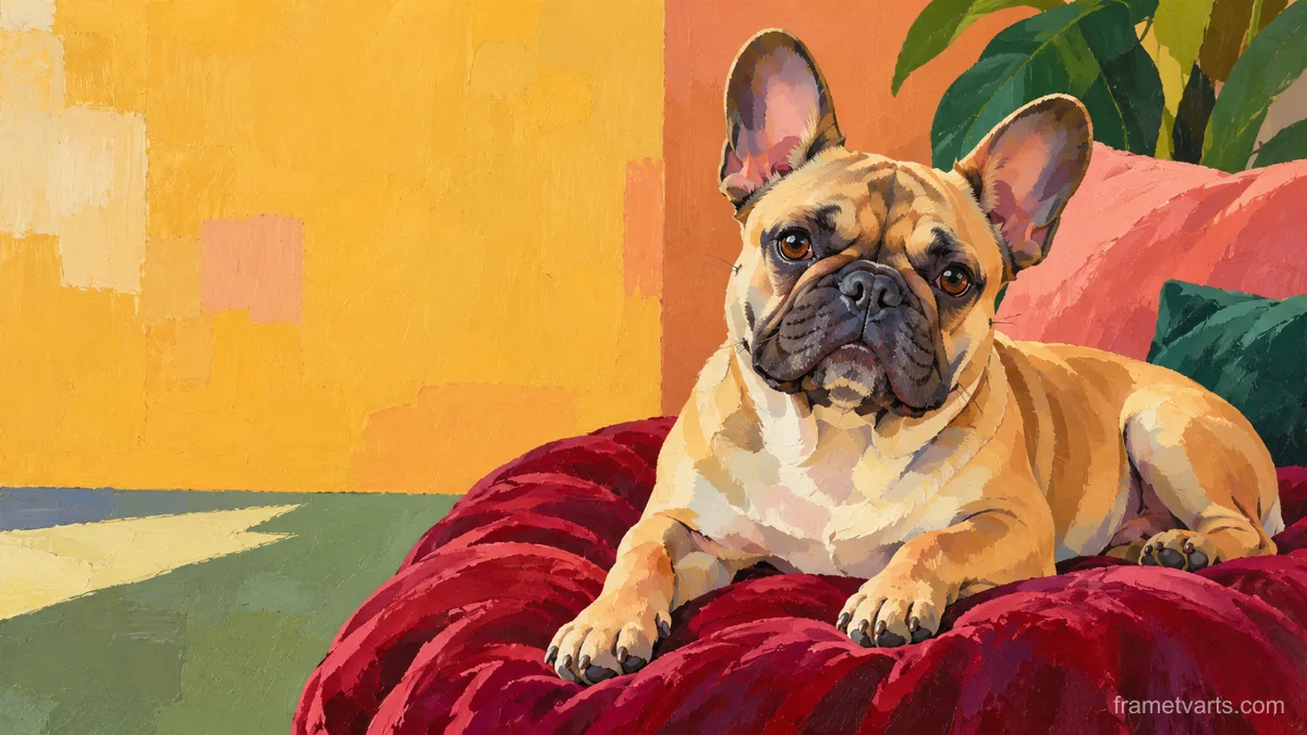 French bulldog on a velvet cushion – modern color-block figurative painting Samsung Frame TV art, 4K