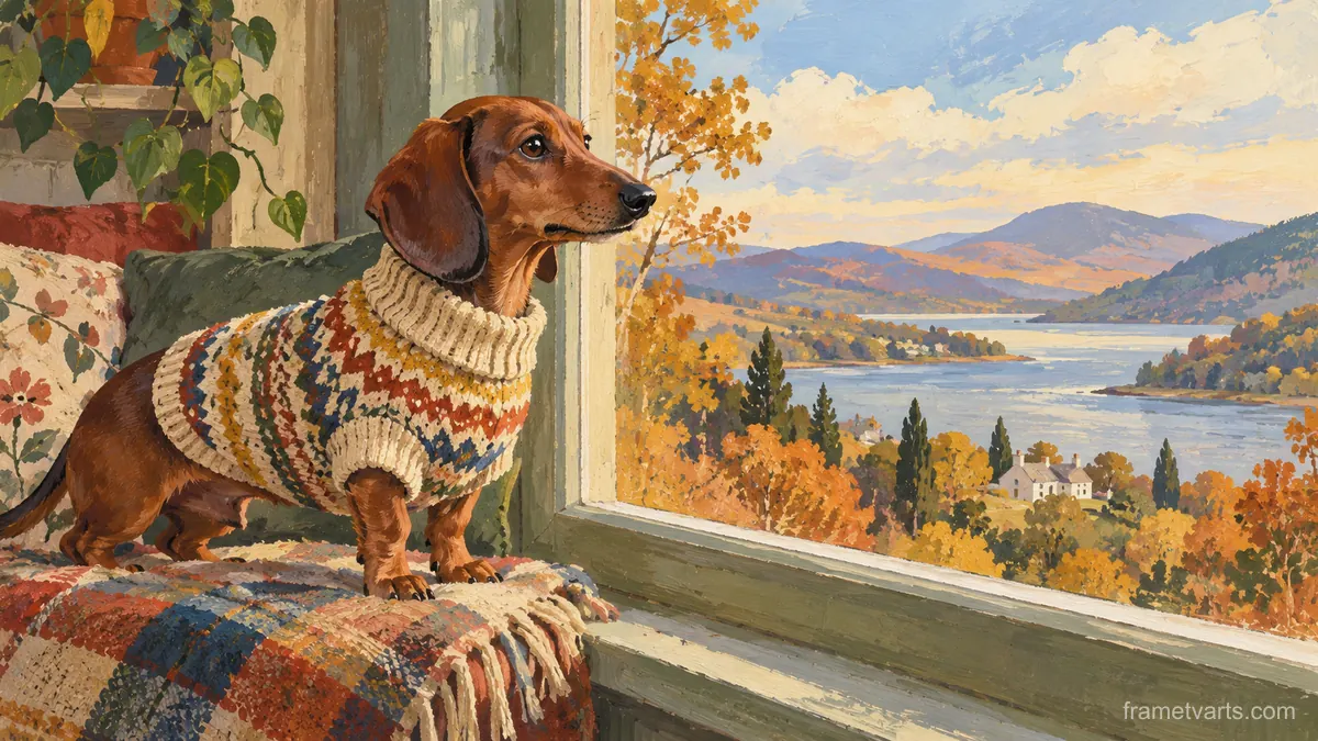 Dachshund in a knitted sweater by a window – storybook gouache Samsung Frame TV art, 4K