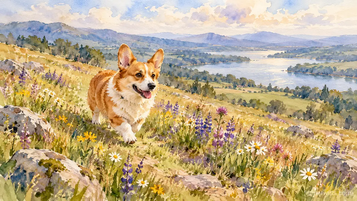 Corgi trotting through a meadow – loose watercolor Samsung Frame TV art, 4K