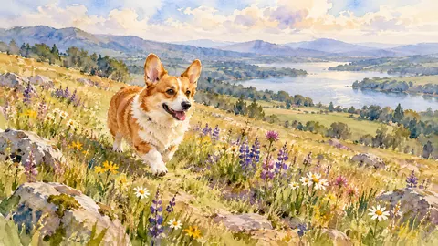 Corgi trotting through a meadow – loose watercolor Frame TV art