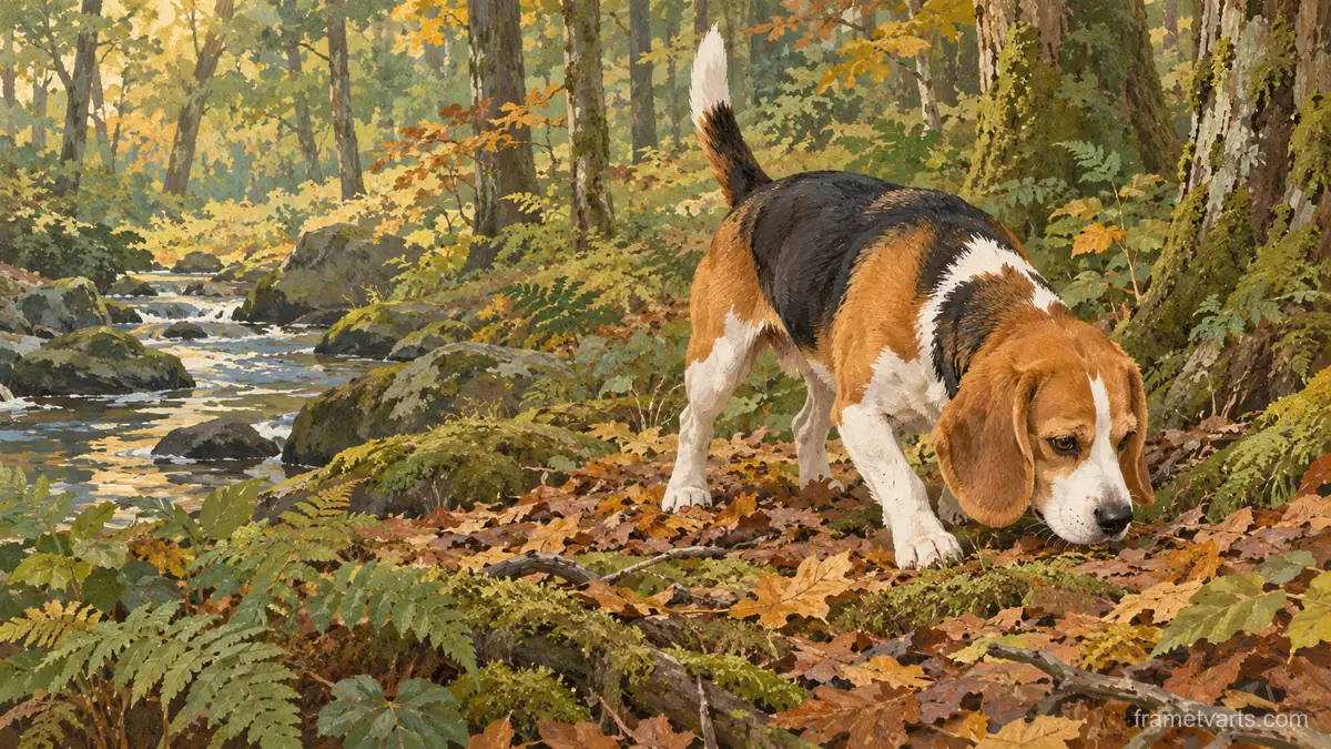 Beagle following a scent in a forest – naturalist gouache Samsung Frame TV art, 4K