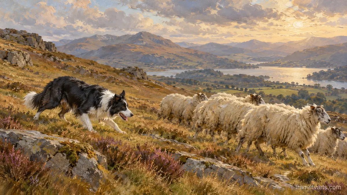 Border collie herding sheep on a fell – atmospheric oil painting Samsung Frame TV art, 4K