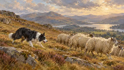 Border collie herding sheep on a fell – atmospheric oil painting Frame TV art