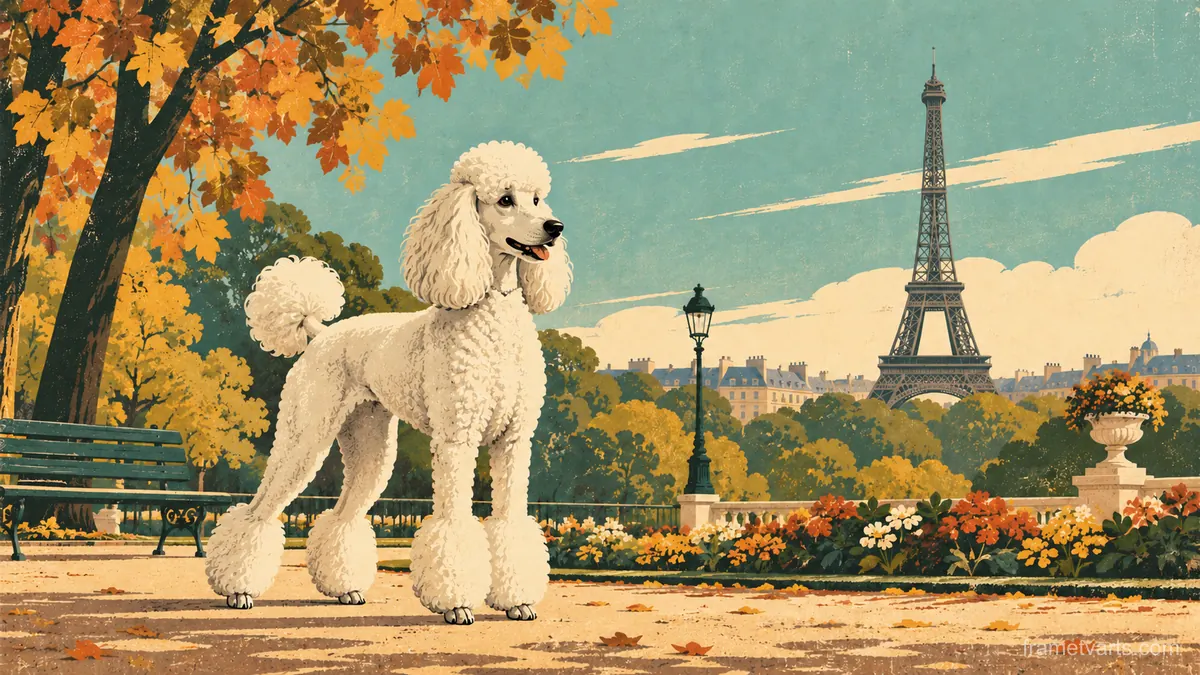 Standard poodle in a Paris park – retro mid-century illustration Samsung Frame TV art, 4K