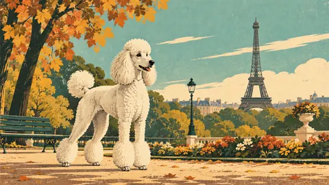 Standard poodle in a Paris park – retro mid-century illustration Frame TV art