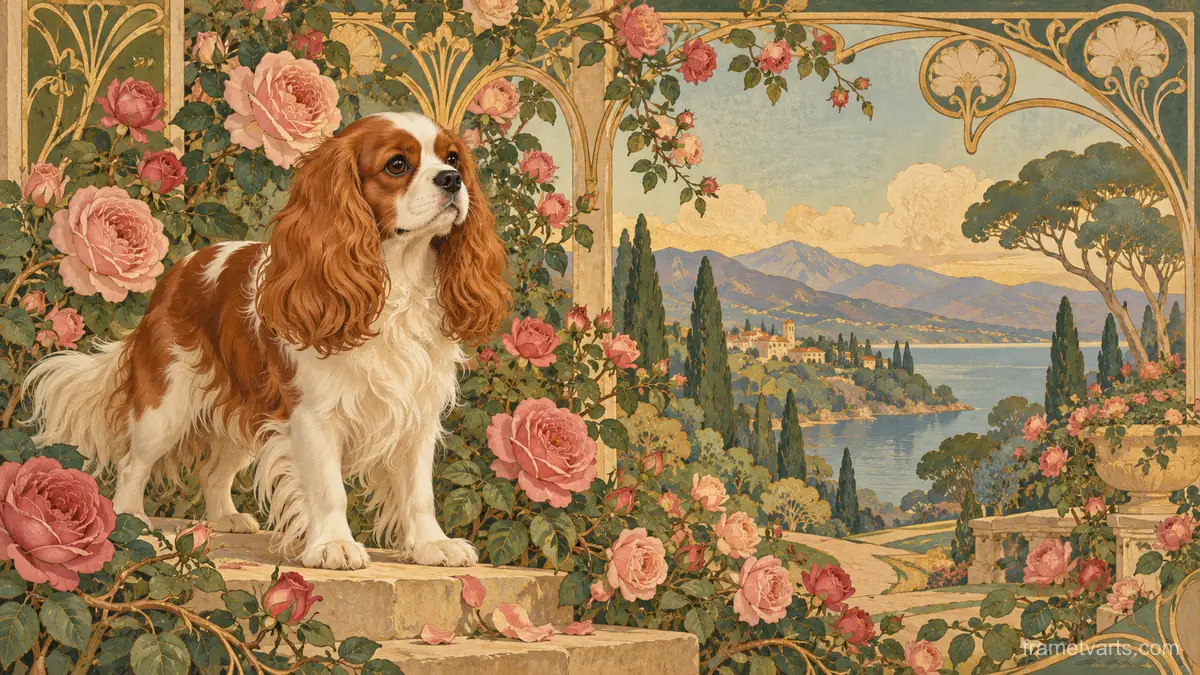 Cavalier King Charles spaniel in a rose garden – decorative art nouveau painting Samsung Frame TV art, 4K