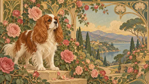 Cavalier King Charles spaniel in a rose garden – decorative art nouveau painting Frame TV art