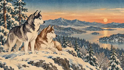Husky pair in a snowy forest – japanese-inspired woodblock print Frame TV art