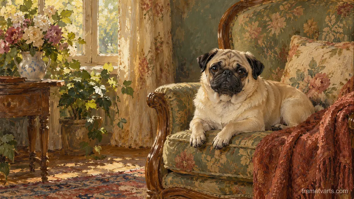 Pug on a vintage armchair – tonal oil painting Samsung Frame TV art, 4K