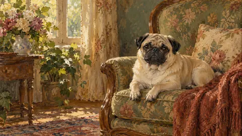 Pug on a vintage armchair – tonal oil painting Frame TV art