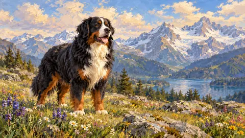Bernese mountain dog in an alpine meadow – impressionist oil painting Frame TV art