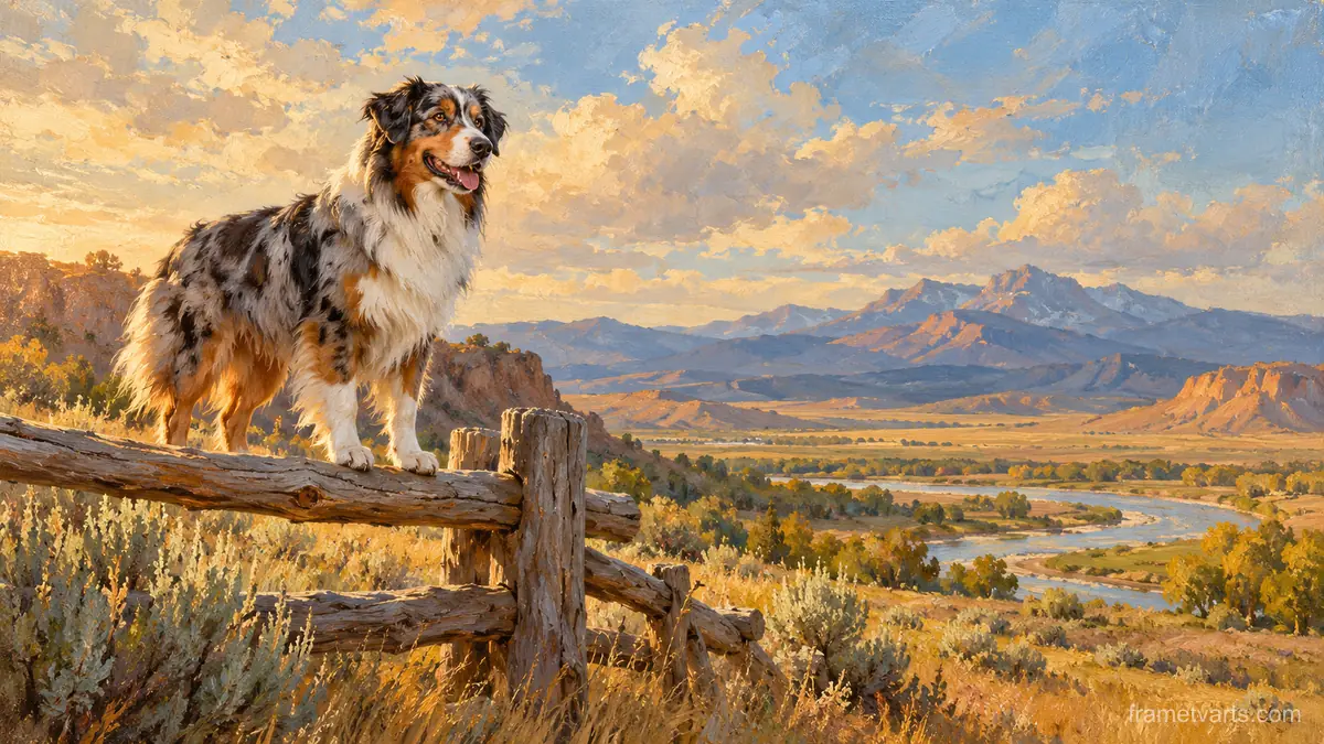 Australian shepherd on a ranch fence – classic western oil painting Samsung Frame TV art, 4K