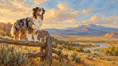 Australian shepherd on a ranch fence – classic western oil painting Frame TV art