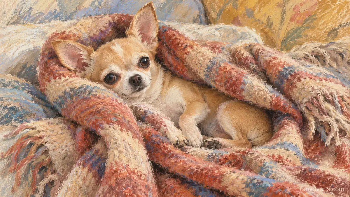Chihuahua wrapped in a blanket – soft pastel drawing Samsung Frame TV art, 4K