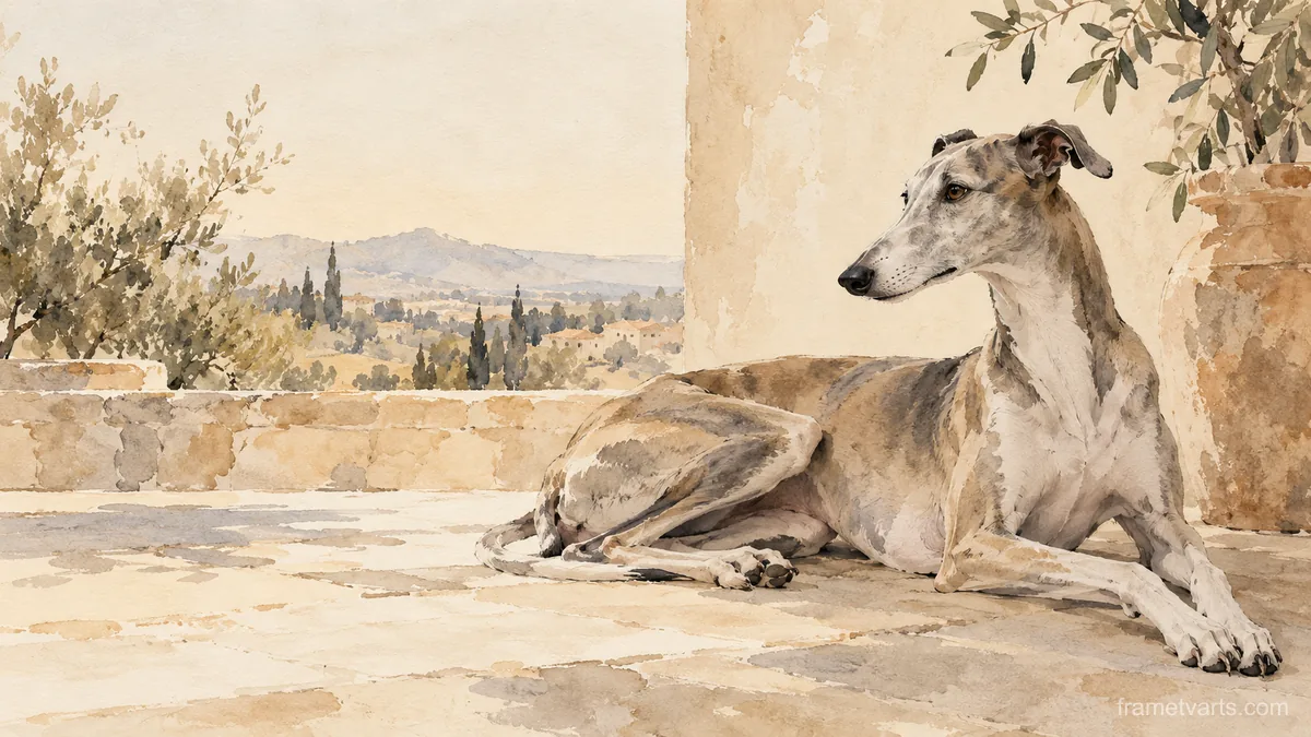Greyhound at rest, elegant profile – minimal ink and wash Samsung Frame TV art, 4K