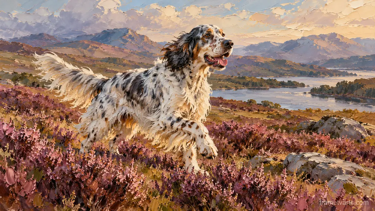 English setter bounding through heather – expressive palette-knife painting Samsung Frame TV art, 4K