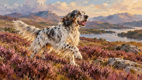 English setter bounding through heather – expressive palette-knife painting Frame TV art