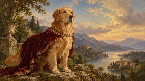 Royal portrait of a dog in a velvet cape – classical devotional oil painting Frame TV art