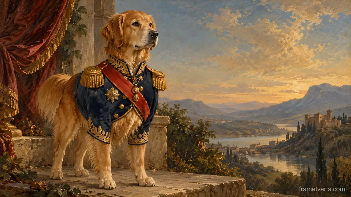 Dog in a regal military jacket, classical portrait – classical devotional oil painting Samsung Frame TV art, 4K