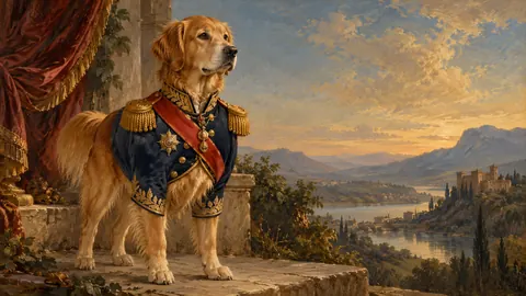 Dog in a regal military jacket, classical portrait – classical devotional oil painting Frame TV art