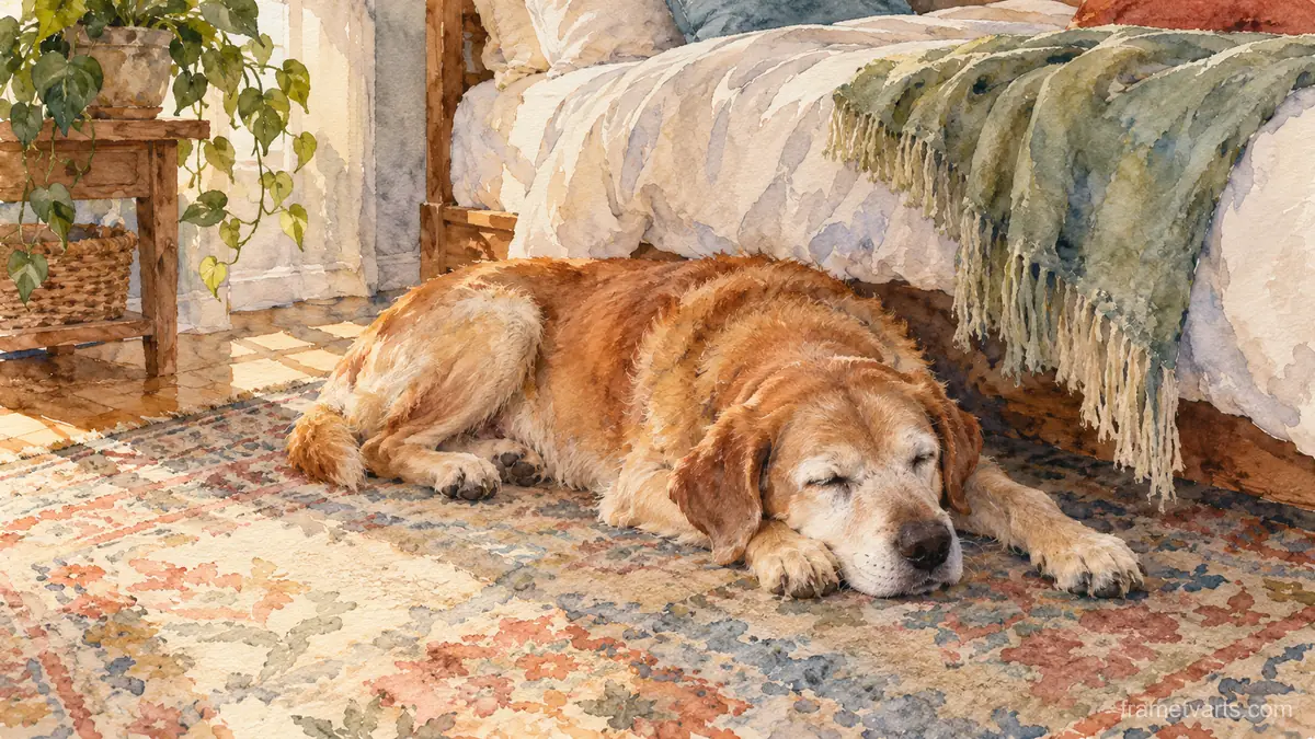 Old dog asleep at the foot of a bed – loose watercolor Samsung Frame TV art, 4K