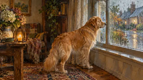 Dog waiting at a window in the rain – impressionist oil painting Frame TV art