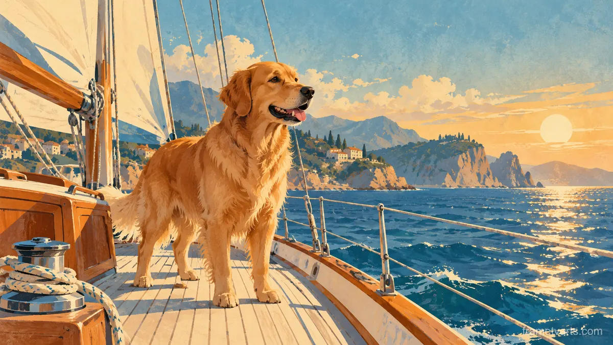 Dog on a sailboat deck – vintage travel poster illustration Samsung Frame TV art, 4K