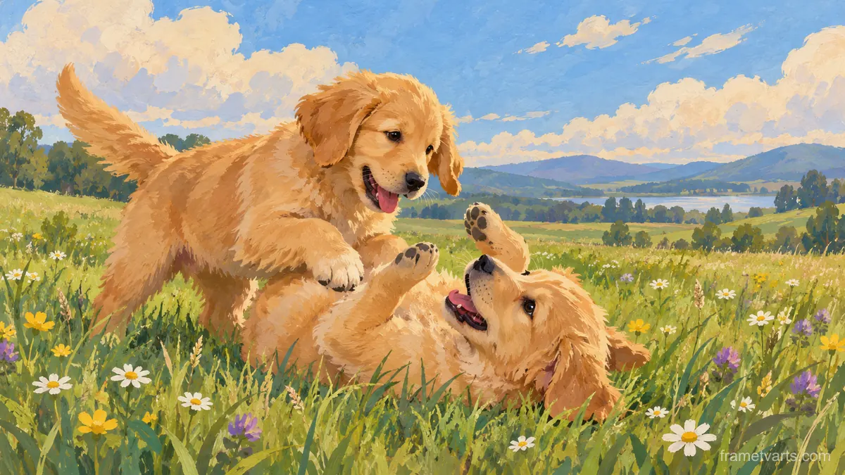 Two puppies tumbling in grass – storybook gouache Samsung Frame TV art, 4K