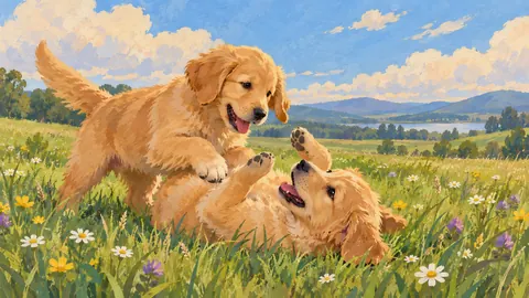 Two puppies tumbling in grass – storybook gouache Frame TV art
