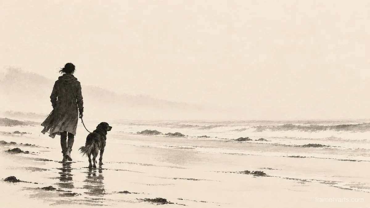 Dog walking with its owner on a foggy beach – monochrome minimalist abstraction Samsung Frame TV art, 4K