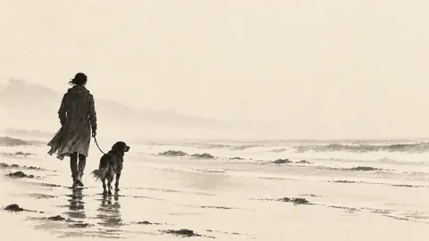 Dog walking with its owner on a foggy beach – monochrome minimalist abstraction Frame TV art