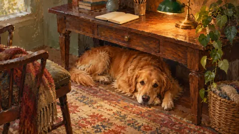Dog lying under a desk by a reading lamp – tonal oil painting Frame TV art