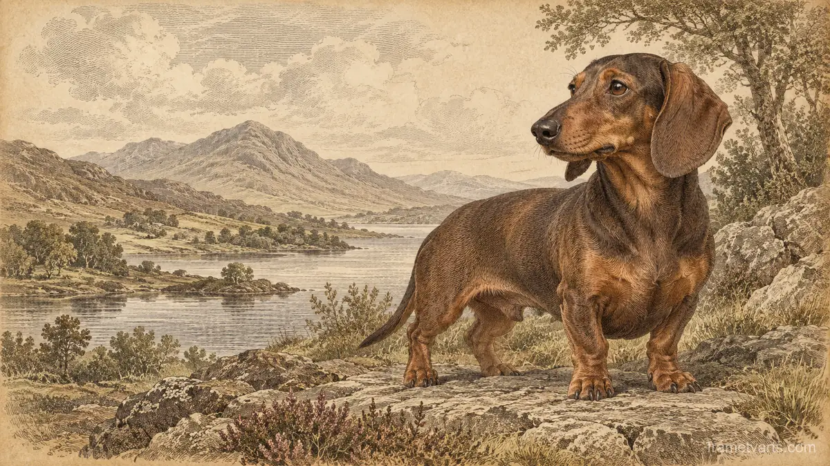 Dachshund portrait in vintage engraving – vintage plate engraving Samsung Frame TV art, 4K