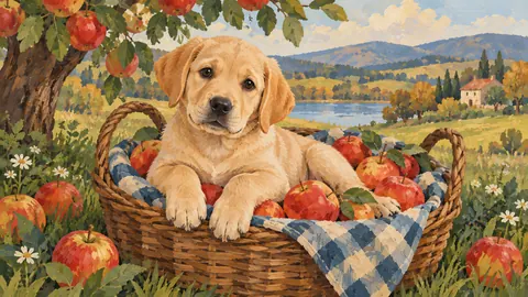Labrador puppy in a basket of apples – decorative folk gouache Frame TV art