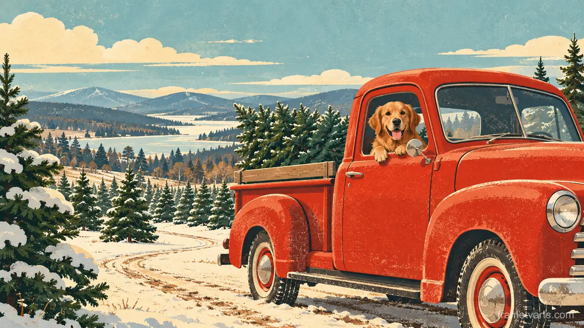 Dog in a red truck at a tree farm – retro mid-century illustration Samsung Frame TV art, 4K