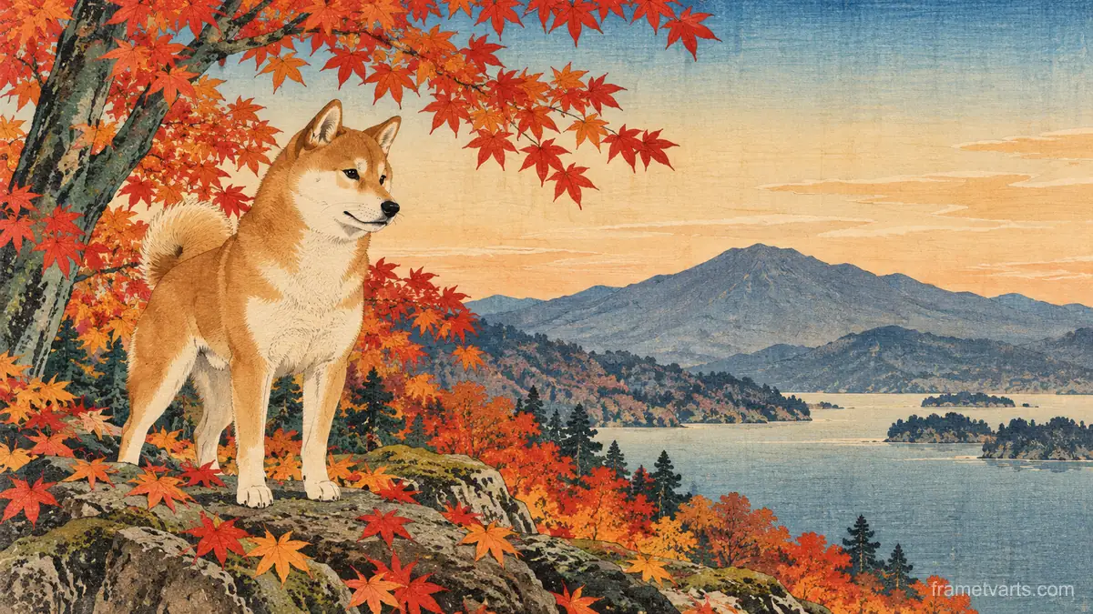 Shiba Inu among maple leaves – japanese-inspired woodblock print Samsung Frame TV art, 4K