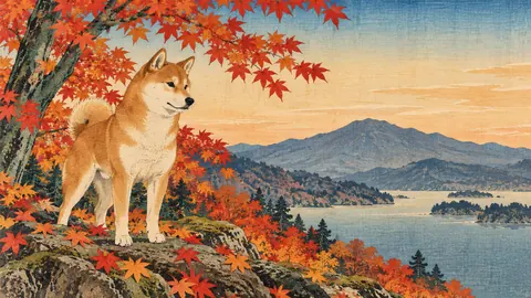 Shiba Inu among maple leaves – japanese-inspired woodblock print Frame TV art