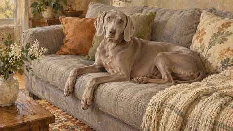 Weimaraner on a grey linen sofa – tonal oil painting Frame TV art