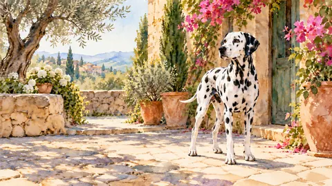 Dalmatian in a sunlit courtyard – loose watercolor Frame TV art
