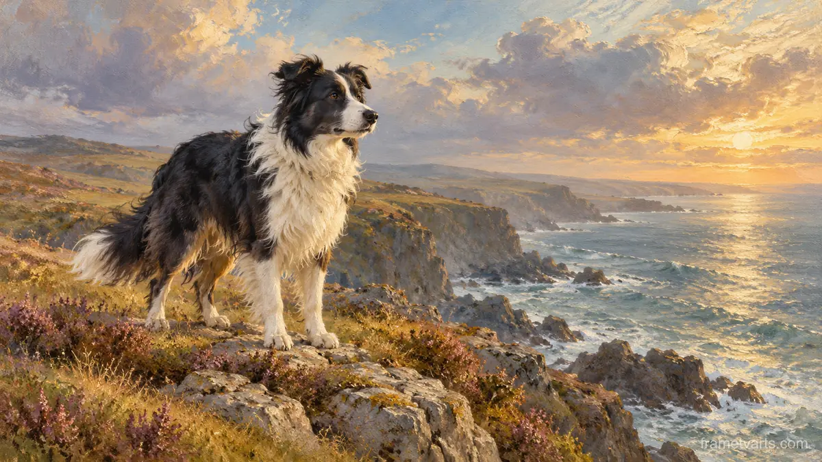 Collie on a windswept clifftop – atmospheric oil painting Samsung Frame TV art, 4K