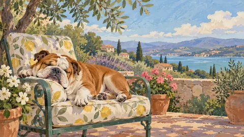 Bulldog asleep in a garden chair – decorative folk gouache Frame TV art