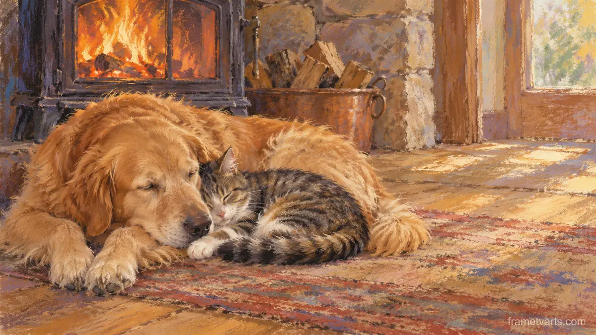 Dog and cat curled together by a stove – chalk pastel study Samsung Frame TV art, 4K