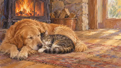 Dog and cat curled together by a stove – chalk pastel study Frame TV art