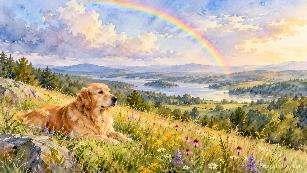 Rainbow over a meadow where a dog rests – loose watercolor Samsung Frame TV art, 4K