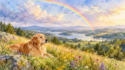 Rainbow over a meadow where a dog rests – loose watercolor Frame TV art