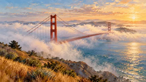 Red suspension bridge rising out of fog over a bay – atmospheric oil painting Frame TV art